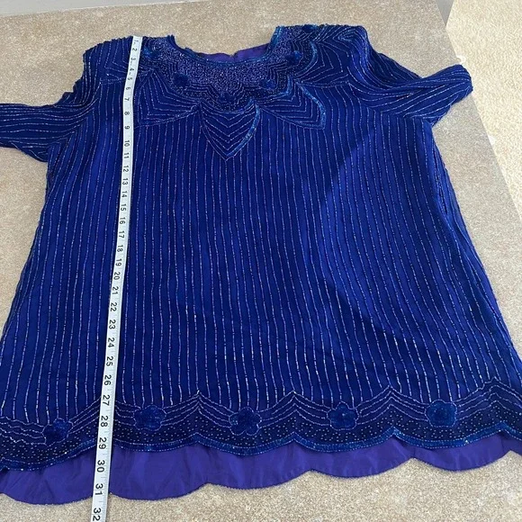 Vintage 80s 100% Silk Beaded Sequin Top Women 26 Long Sleeve Party Cocktail VTG - Picture 3 of 15